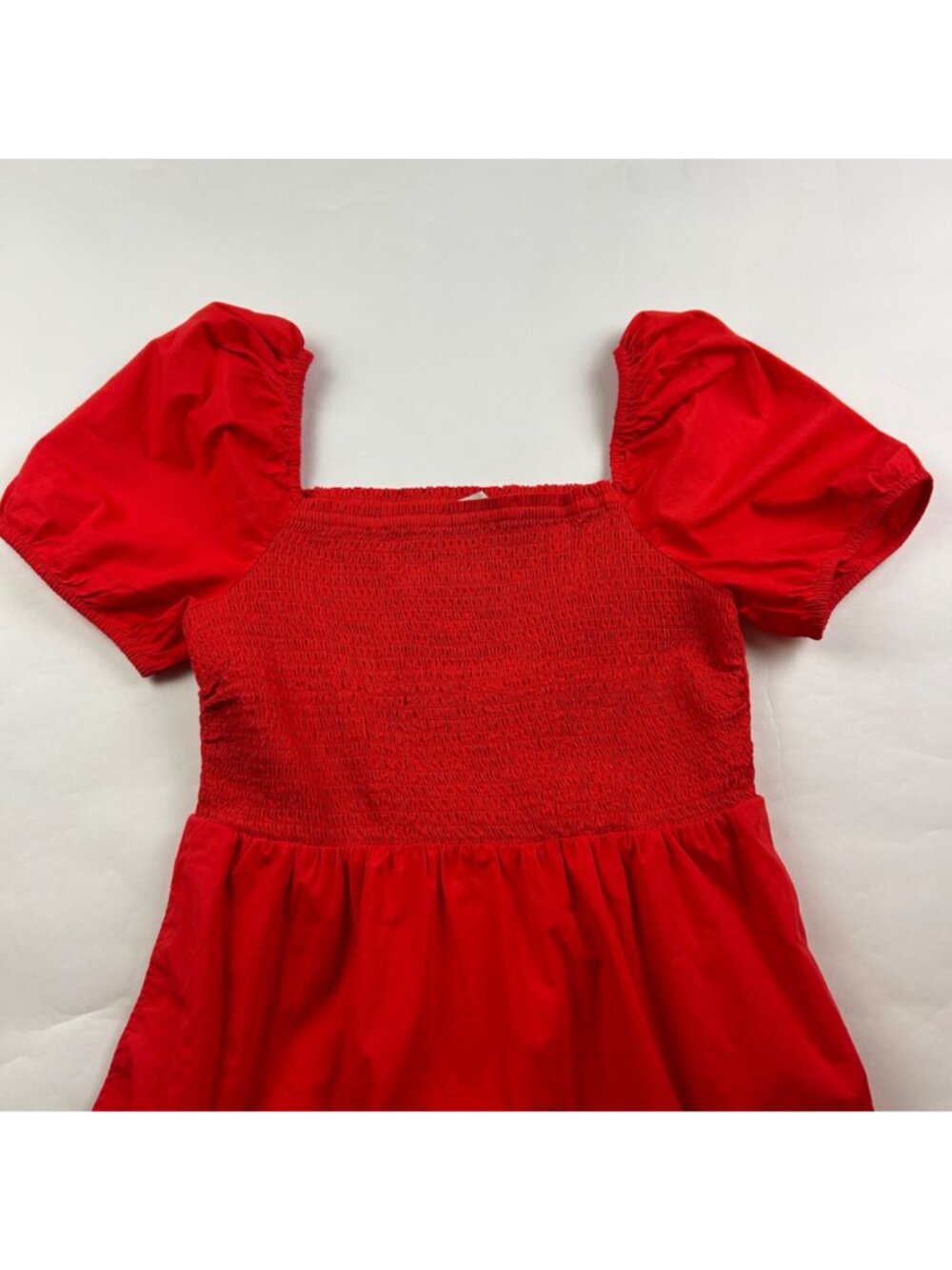 LOFT Red Cotton Smocked Bodice Puff Sleeve Mini Dress M - Picture 2 of 8